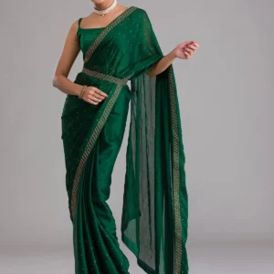 Bottle Green Swarovski Semi Crepe Designer Saree